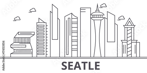 Seattle architecture line skyline illustration. Linear vector cityscape with famous landmarks, city sights, design icons. Editable strokes