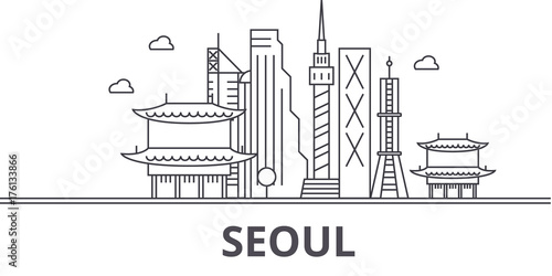 Seoul architecture line skyline illustration. Linear vector cityscape with famous landmarks, city sights, design icons. Editable strokes