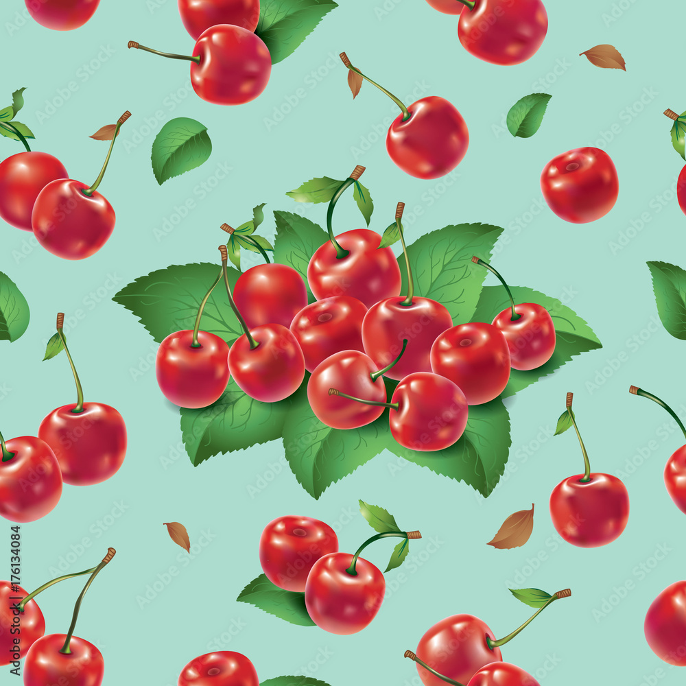 Seamless pattern. Cherries and leaves on a light background. Seamless pattern. Cherries and leaves on a light background.