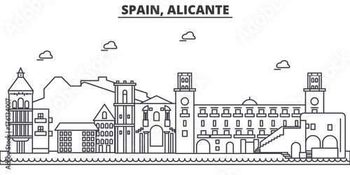 Spain, Alicante architecture line skyline illustration. Linear vector cityscape with famous landmarks, city sights, design icons. Editable strokes