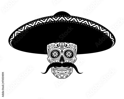 Stencil moustached Sugar skull in sombrero black and white
