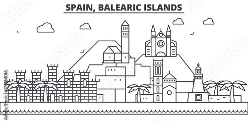Spain, Balearis Islands architecture line skyline illustration. Linear vector cityscape with famous landmarks, city sights, design icons. Editable strokes