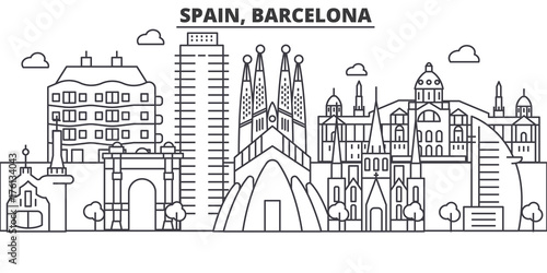 Spain, Barcelona architecture line skyline illustration. Linear vector cityscape with famous landmarks, city sights, design icons. Editable strokes