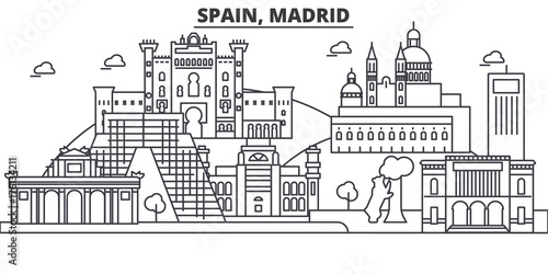 Spain, Madrid architecture line skyline illustration. Linear vector cityscape with famous landmarks, city sights, design icons. Editable strokes