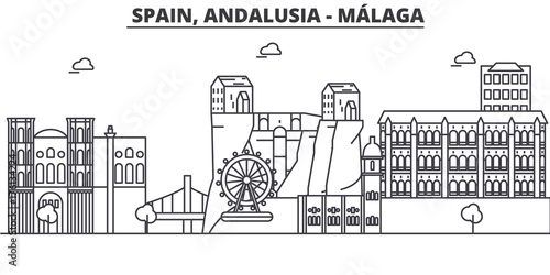 Spain, Malaga, Andalusia architecture line skyline illustration. Linear vector cityscape with famous landmarks, city sights, design icons. Editable strokes
