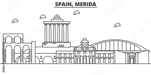 Spain, Merida architecture line skyline illustration. Linear vector cityscape with famous landmarks, city sights, design icons. Editable strokes