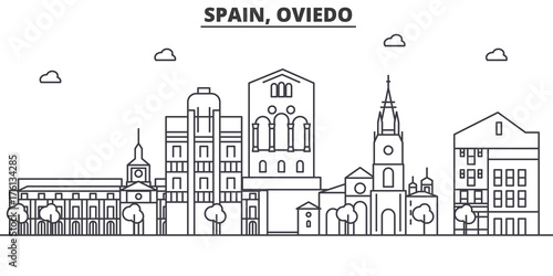 Spain, Oviedo architecture line skyline illustration. Linear vector cityscape with famous landmarks, city sights, design icons. Editable strokes photo