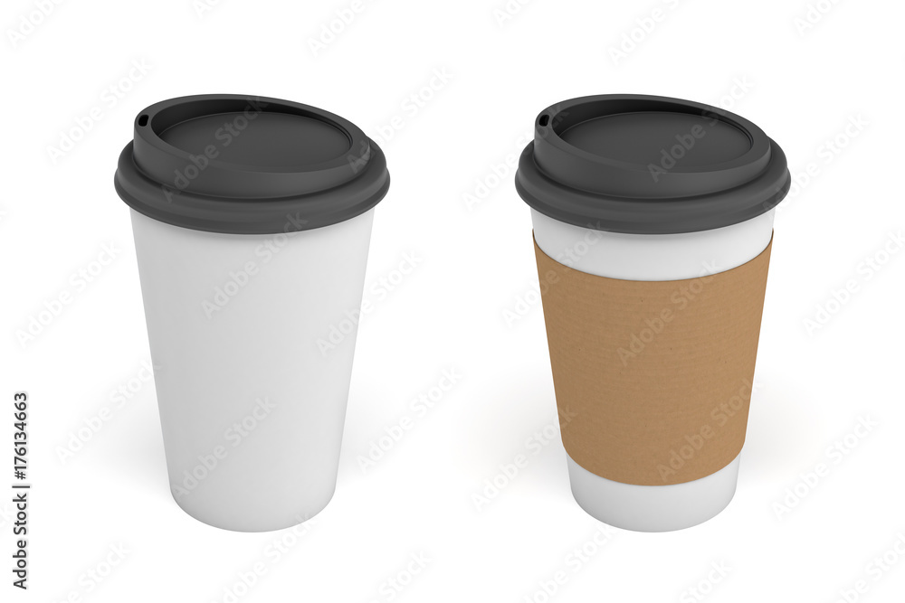 3d rendering of two white paper coffee cups with black lids, one clear white and white with a brown stripe. 3d rendering of two white paper coffee cups with black lids, one clear white and white with a brown stripe.