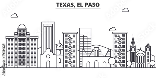 Texas El Paso architecture line skyline illustration. Linear vector cityscape with famous landmarks, city sights, design icons. Editable strokes