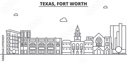 Texas Fort Worth architecture line skyline illustration. Linear vector cityscape with famous landmarks, city sights, design icons. Editable strokes