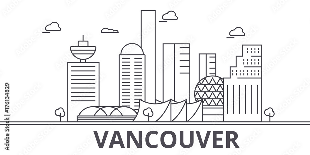 Obraz premium Ilustracja panoramę linii architektury Vancouver. Liniowy wektor gród ze słynnymi zabytkami, zabytkami miasta, ikonami projektowania. Edytowalne obrysy