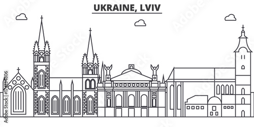Ukraine, Lviv architecture line skyline illustration. Linear vector cityscape with famous landmarks, city sights, design icons. Editable strokes photo