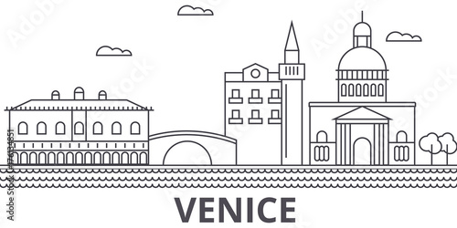 Venice architecture line skyline illustration. Linear vector cityscape with famous landmarks, city sights, design icons. Editable strokes