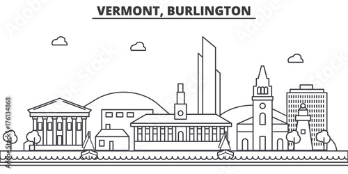 Vermont, Burlington architecture line skyline illustration. Linear vector cityscape with famous landmarks, city sights, design icons. Editable strokes