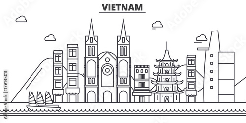 Vietnam architecture line skyline illustration. Linear vector cityscape with famous landmarks, city sights, design icons. Editable strokes