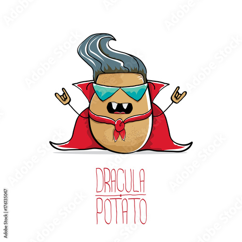 vector funny cartoon cute dracula potato with fangs and red cape isolated on white background. vampire monster vegetable funky character