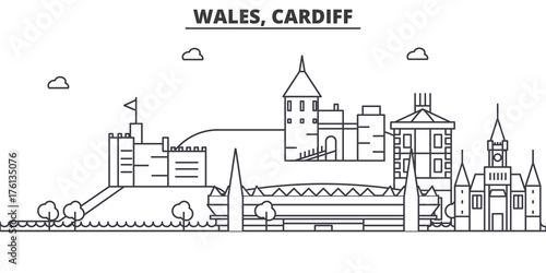 Wales, Cardiff architecture line skyline illustration. Linear vector cityscape with famous landmarks, city sights, design icons. Editable strokes
