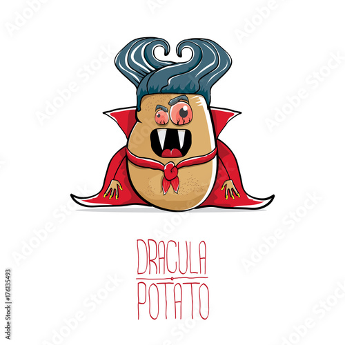 vector funny cartoon cute dracula potato with fangs and red cape isolated on white background. vampire monster vegetable funky character