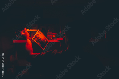 Man works on film black and white platinum print in laboratory.