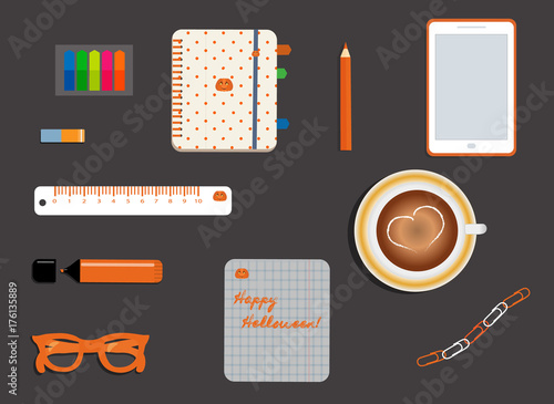 Stationery: A day planner. A smartphone. Glasses. A pencil. A rubber. A colorful stickers. Clips. A marker. A cup of coffee with a heart. Sheet in the box. Helloween. Pumpkin. Vector illustration 