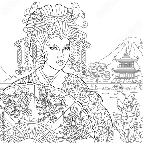 Coloring page of geisha (japanese dancing actress) holding paper fan with crane birds. Freehand sketch drawing for adult antistress coloring book in zentangle style.