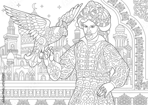 Fototapeta Coloring page of ottoman sultan and falcon bird