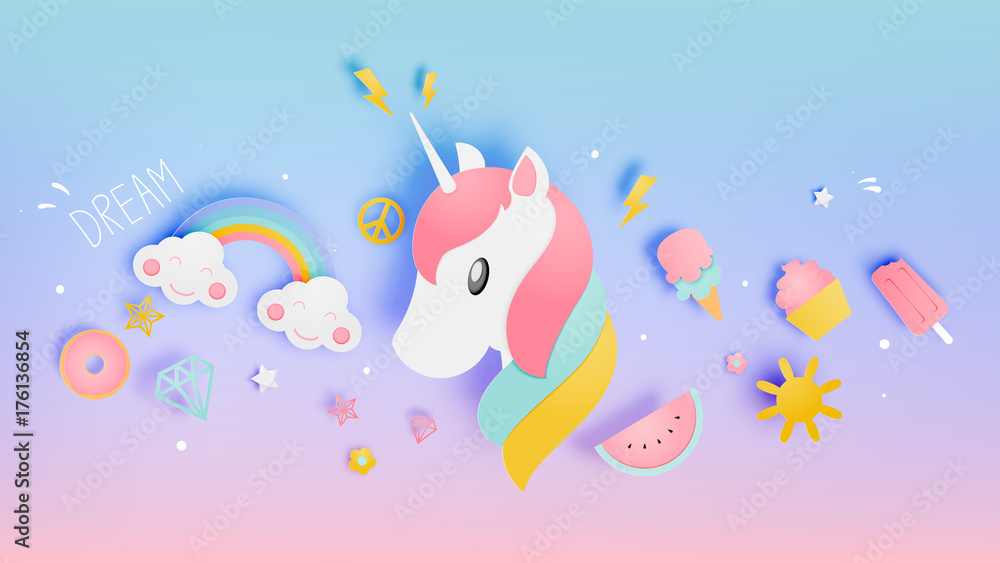 Fototapeta premium Unicorn in paper art style with various cute icons and pastle scheme
