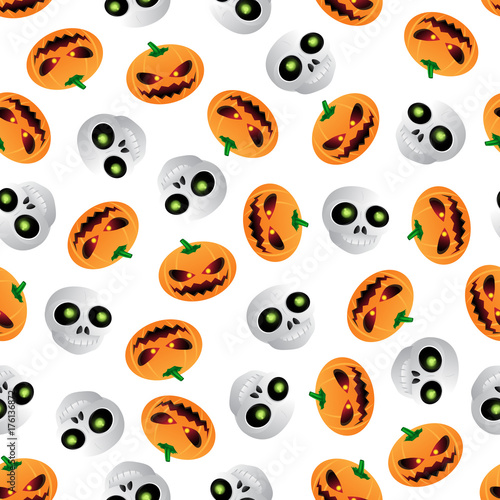 Vector cartoon skull and pumpkin seamless pattern on white background. Vector illustration to Happy Halloween holiday.  Can be used for printing on textile  pattern fills  textures or gift wrap