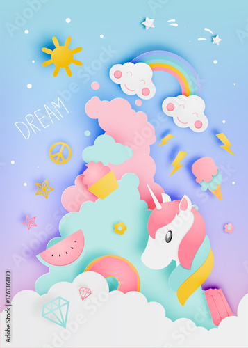 Unicorn in paper art style with various cute icons and pastle scheme
