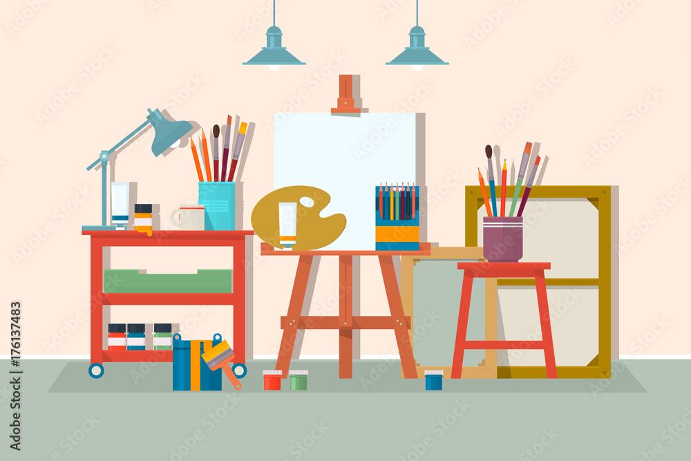 Art drawing design studio furniture. .Creative workshop room with canvas, paints, brushes, easel and pictures. Design salon for artists. Flat style vector illustration. Art drawing design studio furniture. .Creative workshop room with canvas, paints, brushes, easel and pictures. Design salon for artists. Flat style vector illustration.