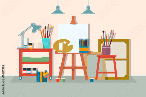 Art drawing design studio furniture. .Creative workshop room with canvas, paints, brushes, easel and pictures. Design salon for artists. Flat style vector illustration.