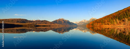 The mountains reflect over Lake MacDonald in Glacier National Park