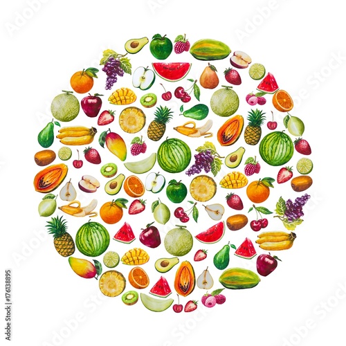 Fototapeta Naklejka Na Ścianę i Meble -  Combine the fruits in the shape of a circle. A set of elements painted in watercolor. Healthy food.