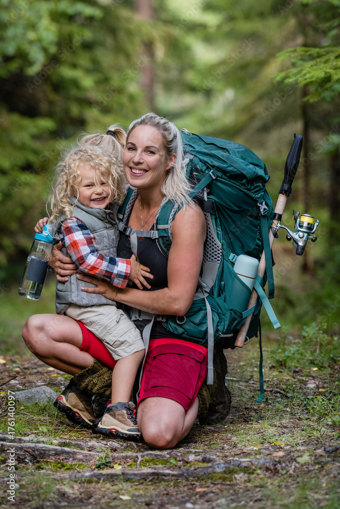 Hiking mother and son Hiking mother and son