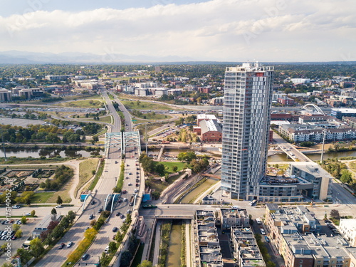 Aerial view of Arch bridge on Speer boulevard and Denver city