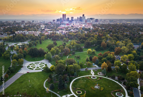 Sunset over Denver cityscape, aerial view from the park
