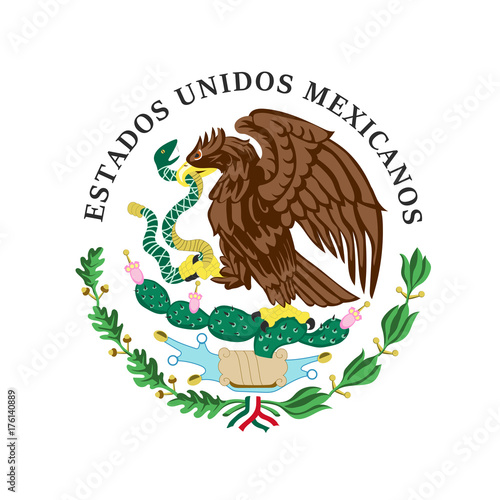 The vector illustration of colored coat of arms of Mexico.
