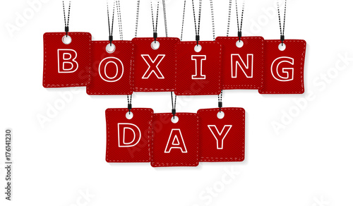 Boxing day text with red labels isolated on white background