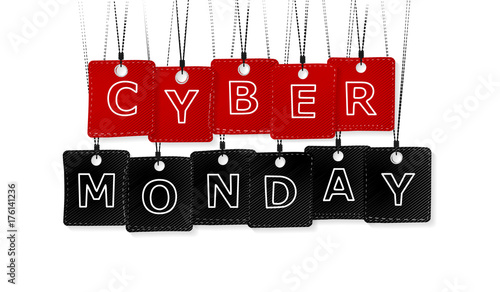 Cyber monday text with red and black labels isolated on white background