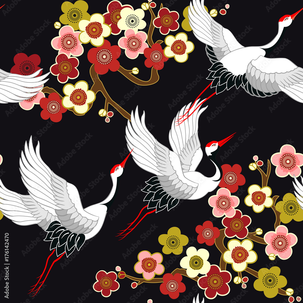 Seamless pattern with flying birds. Crane. Heron. Japanese pattern. Ornament with oriental motifs. Vector.