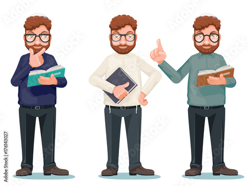 Professor intellectual rationalist education smart read book glasses cartoon characters isolated icons set vector illustration