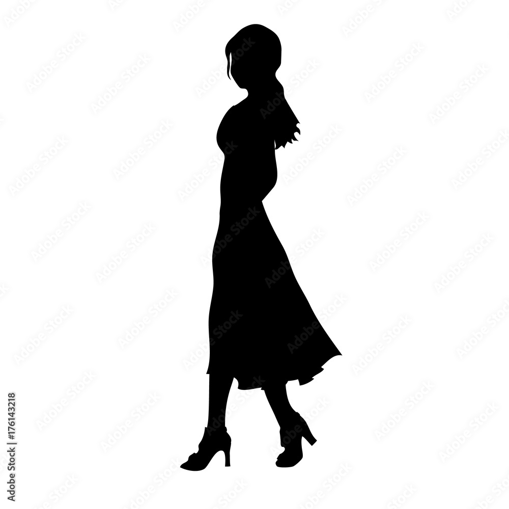 Young girl in dress on white background. Silhouette of a girl