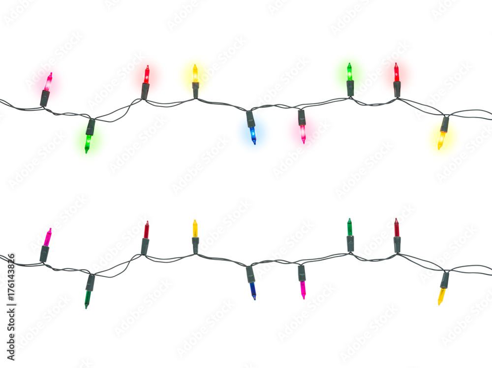 Christmas light bulbs on strings turned on and off in multi colours; blue, yellow, red, pink and green isolated on white background, Xmas holiday decoration concept (flat lay, Clipping Paths included)