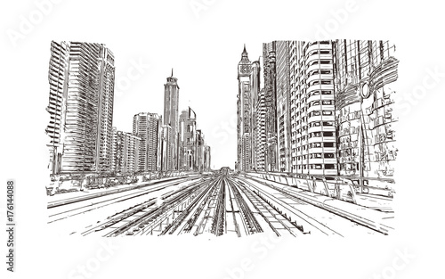 Hand drawn sketch of Metro line Dubai in vector illustration.