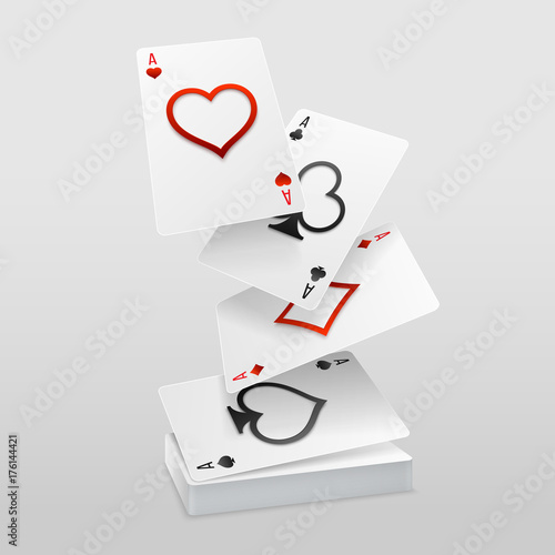 Vector set of four aces playing cards fall on the card deck.