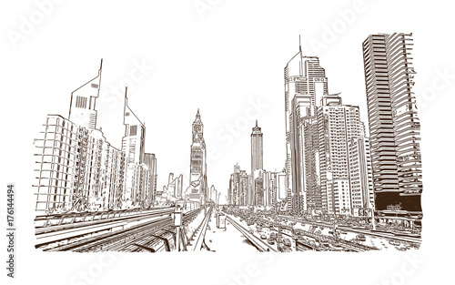 Hand drawn sketch of Metro line Dubai in vector illustration.