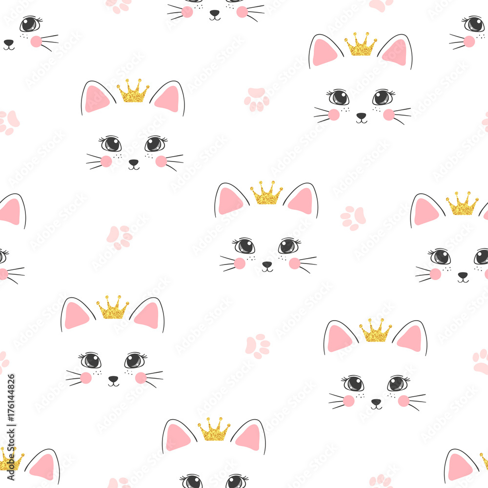 Seamless cat princess pattern. Vector background for kids.