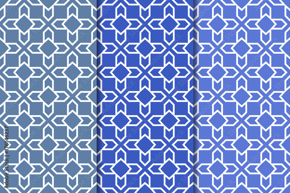 Fototapeta premium Blue geometric ornaments. Set of seamless patterns