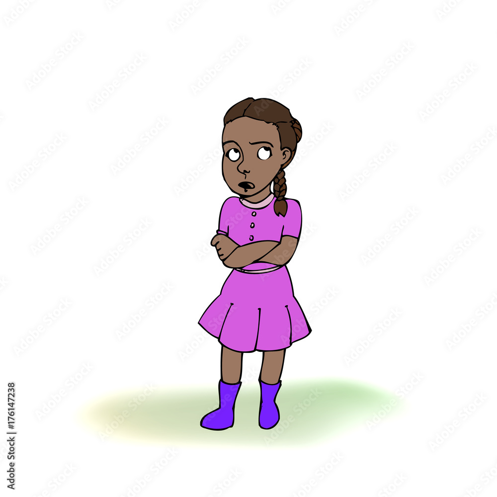 Dark skinned child, girl, teen, teenager in bad mood. Vector outlined illustration. Colored image, white background. Dark skinned child, girl, teen, teenager in bad mood. Vector outlined illustration. Colored image, white background.