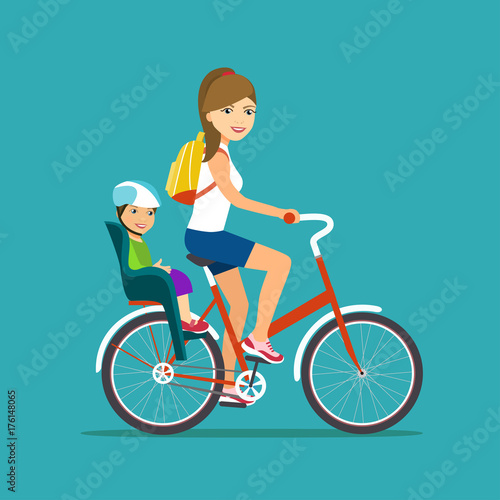 Woman and kid on bicycle with child seat and in bicycle isolated. Vector flat illustration.